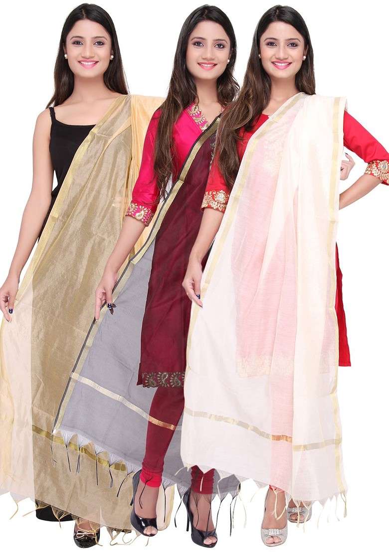 Pack Of 3 Self Checked Art Silk Dupattas - Indya