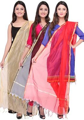 Pack Of 3 Self Checked Art Silk Dupattas