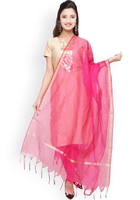 Women Pink Cotton Silk Printed Dupatta