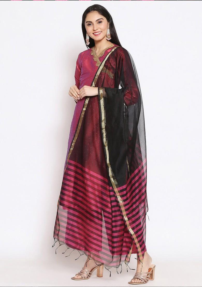 Black And Fuchsia Striped Dupatta