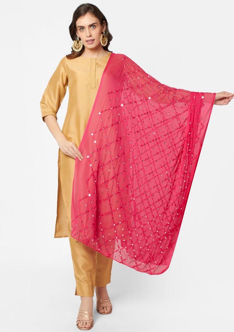 Pink Ethnic Motifs Embroidered Dupatta With Mirror Work