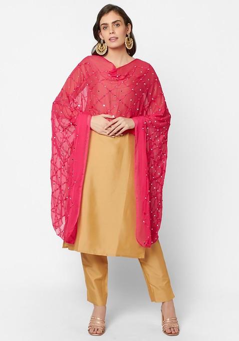 Pink Ethnic Motifs Embroidered Dupatta With Mirror Work