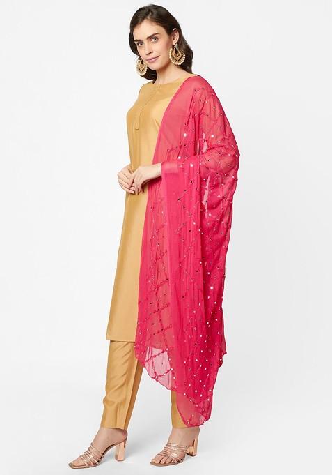 Pink Ethnic Motifs Embroidered Dupatta With Mirror Work