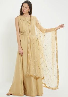 Beige And Golden Colored Embroidered Dupatta