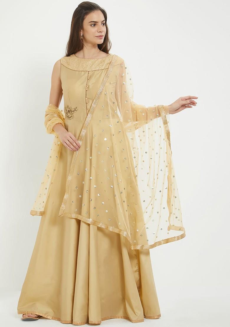 Beige And Golden Colored Embroidered Dupatta