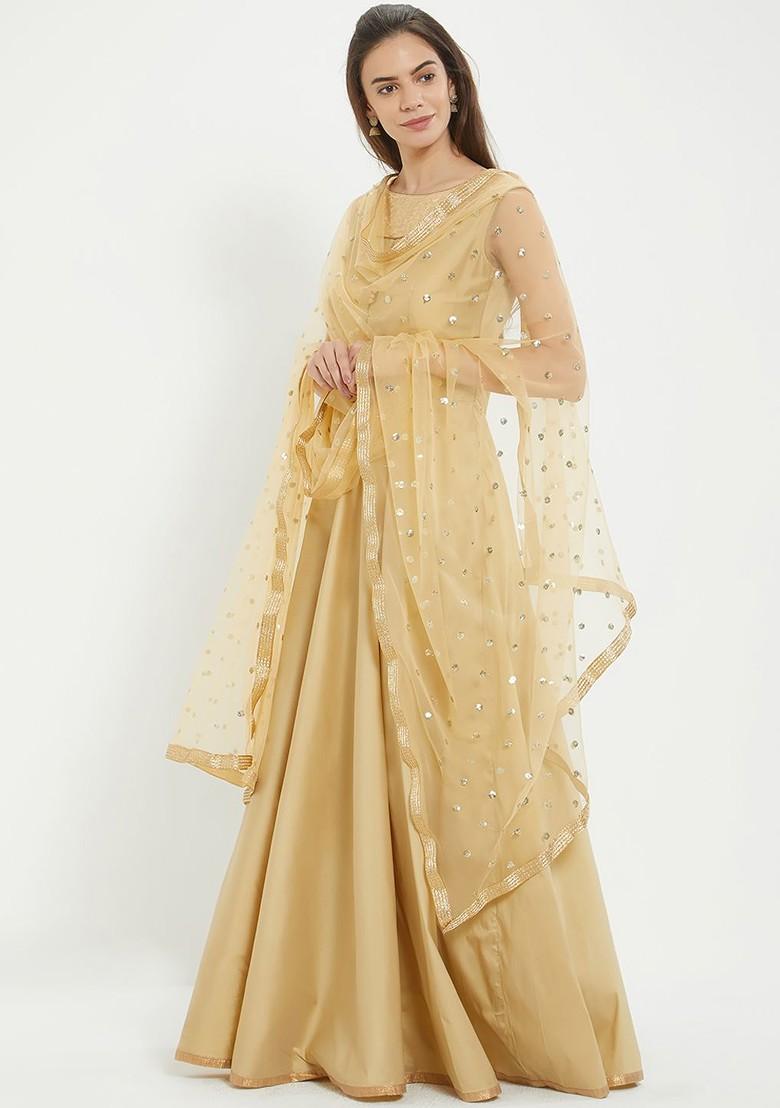 Beige And Golden Colored Embroidered Dupatta