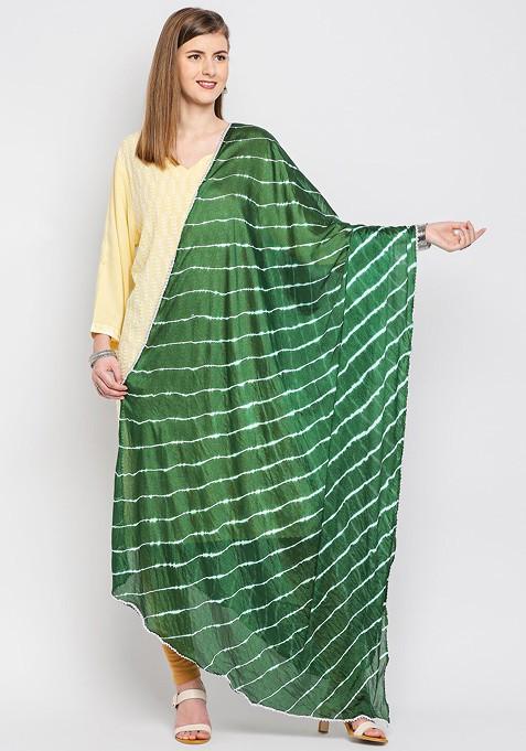 Green Striped Tie And Dye Dupatta
