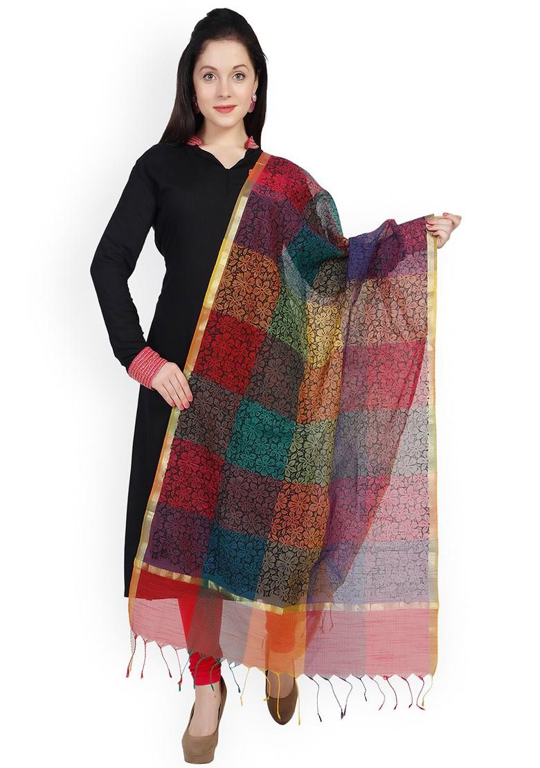 Multicoloured Floral Block Print Cotton Silk Dupatta
