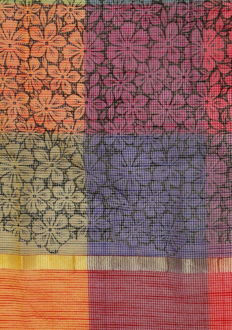 Multicoloured Floral Block Print Cotton Silk Dupatta