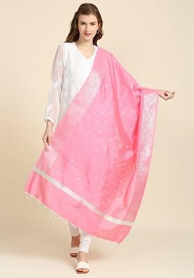 Pink And Silver Toned Ethnic Motifs Woven Design Dupatta