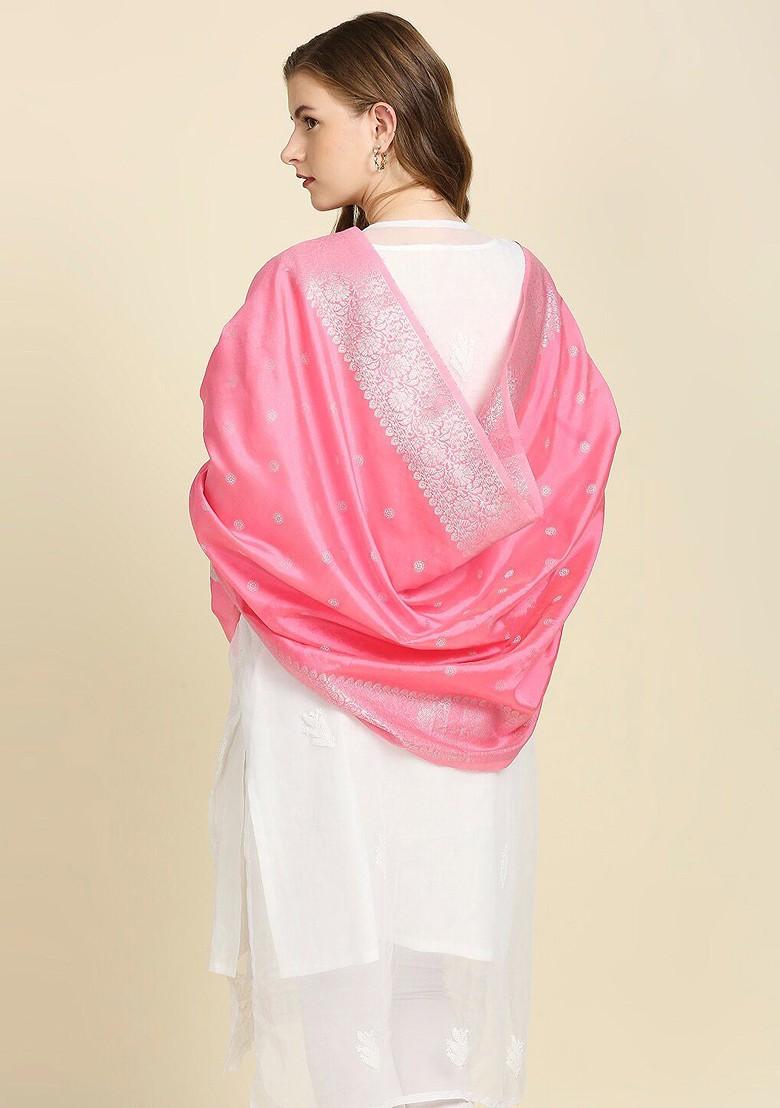 Pink And Silver Toned Ethnic Motifs Woven Design Dupatta