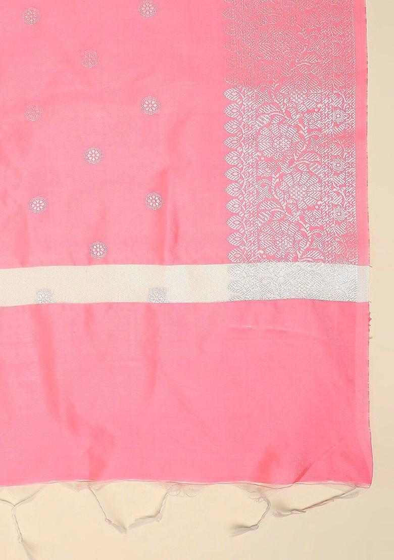 Pink And Silver Toned Ethnic Motifs Woven Design Dupatta