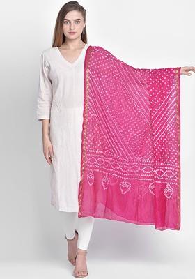 Women Pink And White Dyed Art Silk Dupatta