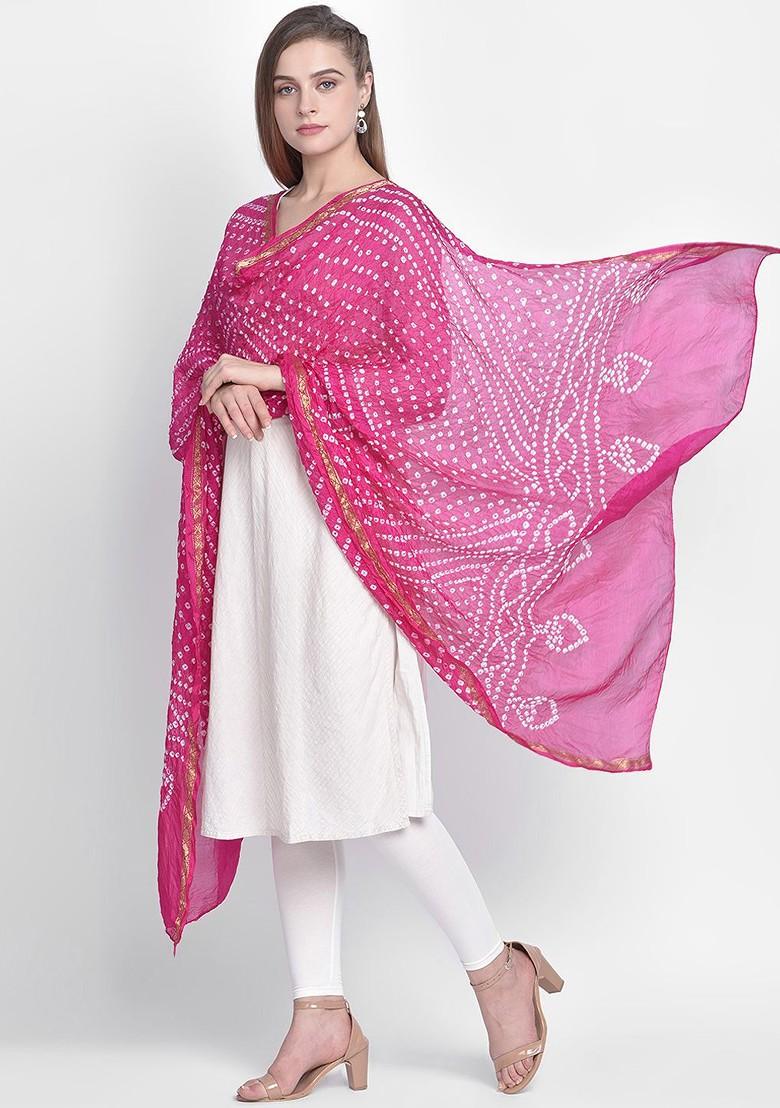 Women Pink And White Dyed Art Silk Dupatta