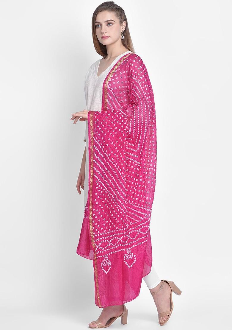 Women Pink And White Dyed Art Silk Dupatta