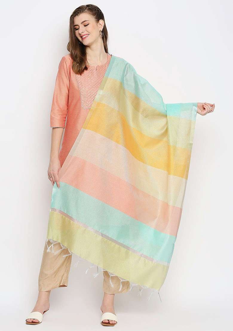 Blue And Green Woven Design Dupatta - Indya