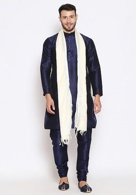 Men Off White And Silver Coloured Linen Dupatta With Zari