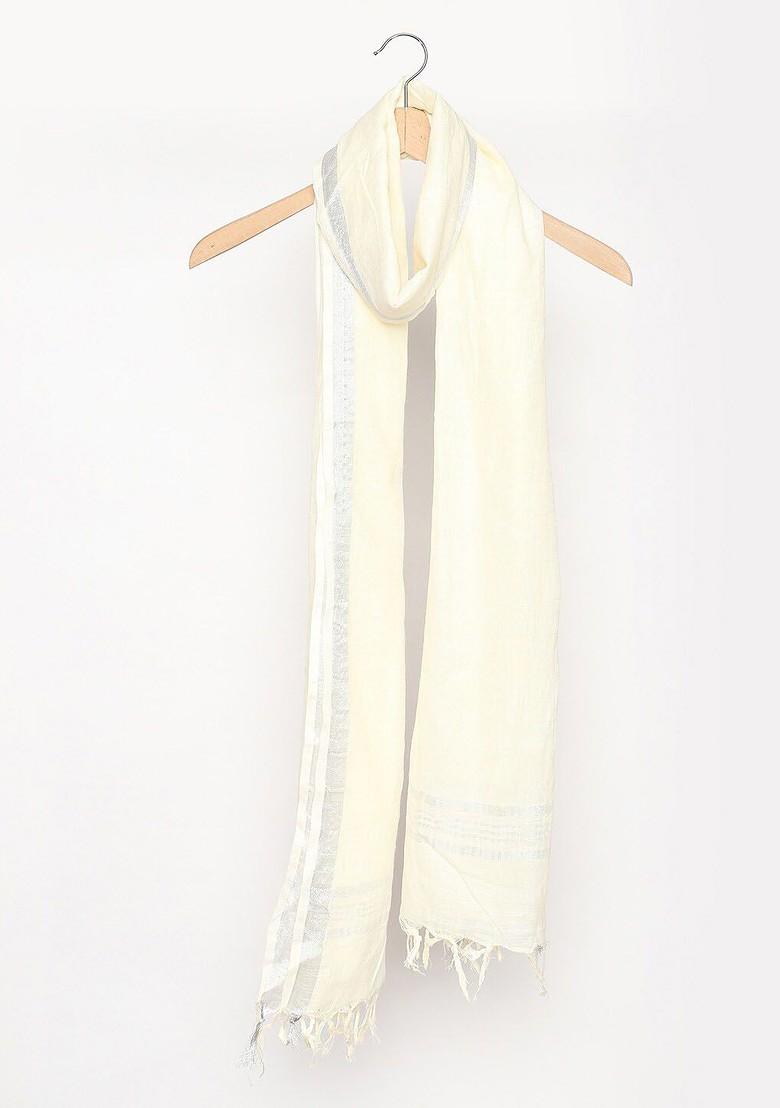Men Off White And Silver Coloured Linen Dupatta With Zari
