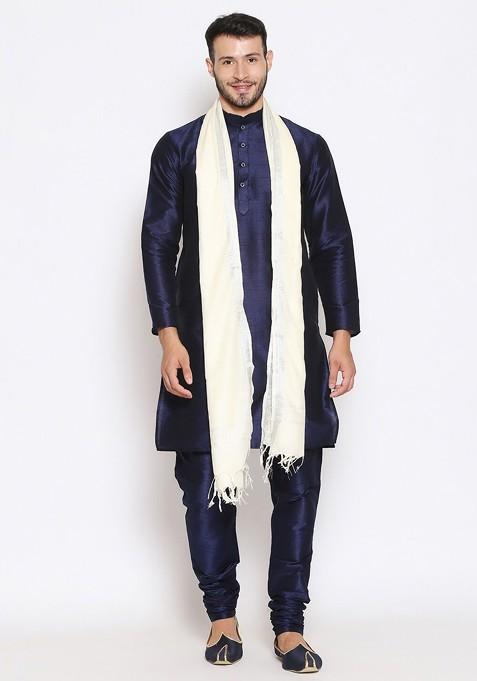 Men Off White And Silver Coloured Linen Dupatta With Zari
