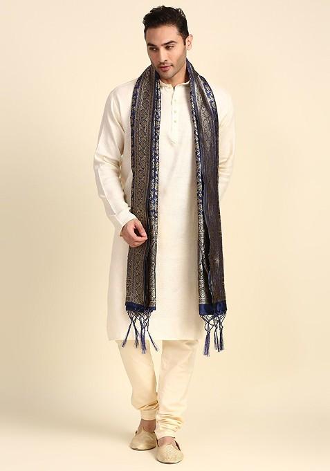 Men Navy Blue And Off White Floral Woven Design Dupatta