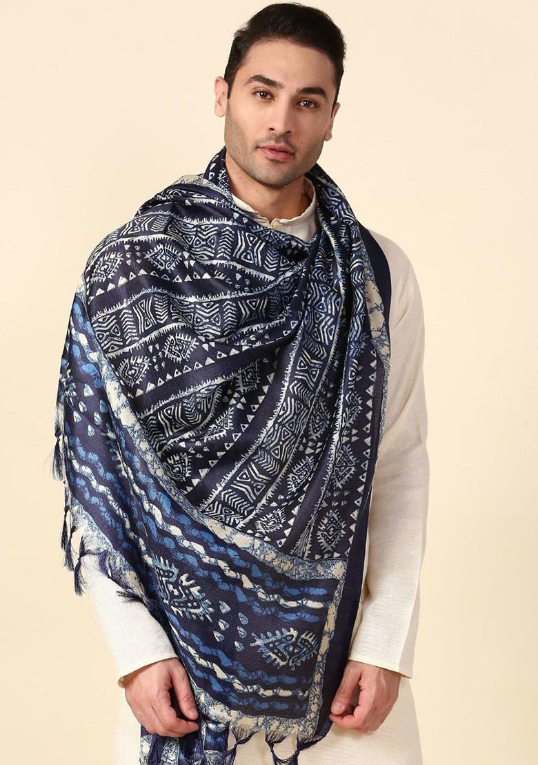 Men Navy Blue And Off White Printed Silk Blend Dupatta