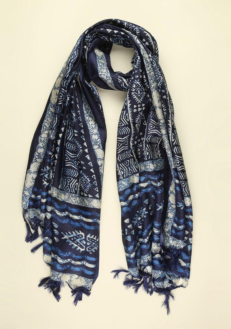 Men Navy Blue And Off White Printed Silk Blend Dupatta