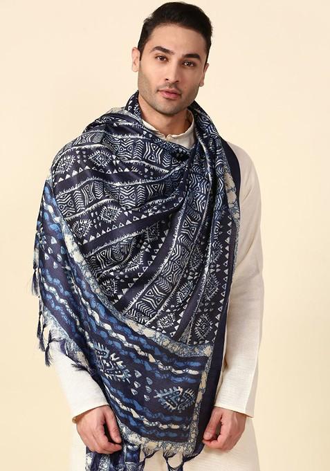Men Navy Blue And Off White Printed Silk Blend Dupatta