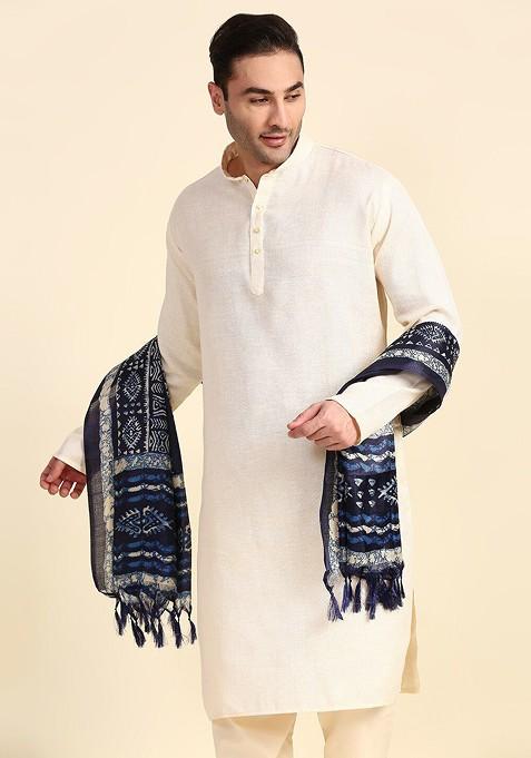 Men Navy Blue And Off White Printed Silk Blend Dupatta