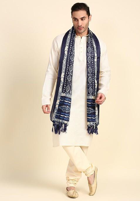 Men Navy Blue And Off White Printed Silk Blend Dupatta