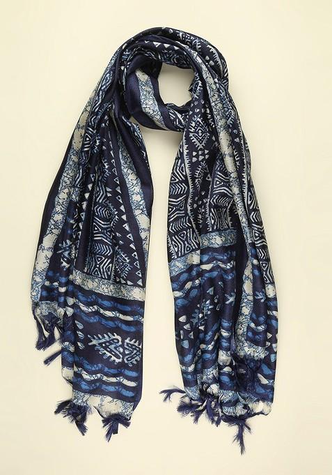 Men Navy Blue And Off White Printed Silk Blend Dupatta