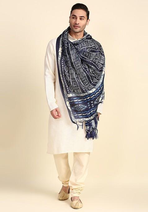 Men Navy Blue And Off White Printed Silk Blend Dupatta