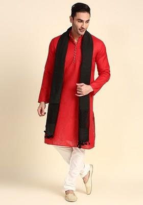 Men Black Tasselled Linen Dupatta