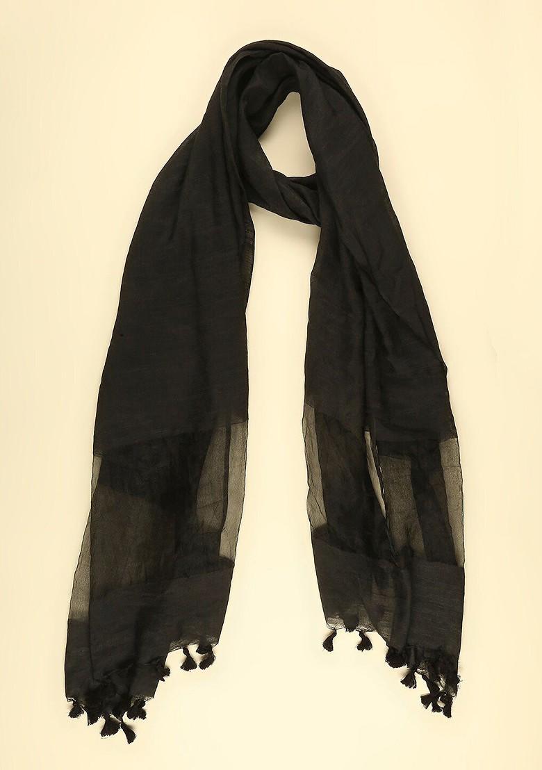 Men Black Tasselled Linen Dupatta