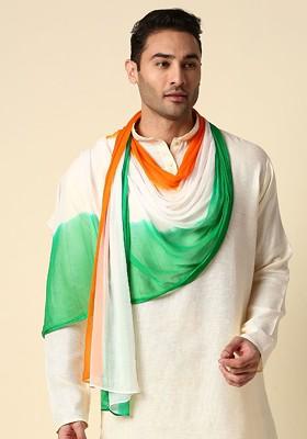Men White And Orange Dyed Republic Day Tiranga Tri Colour Chiffon Dupatta