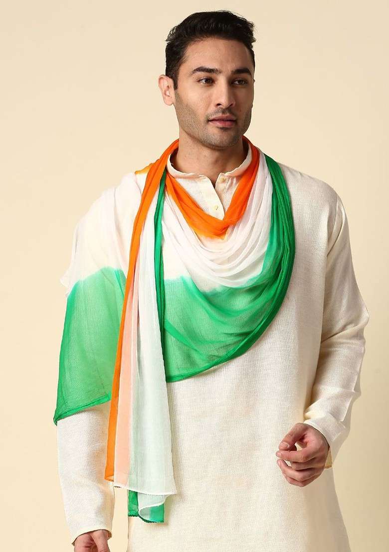 Men White And Orange Dyed Republic Day Tiranga Tri Colour Chiffon Dupatta - Indya