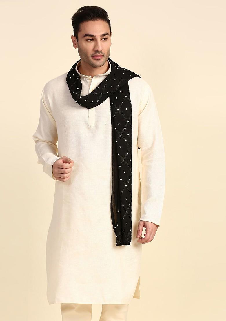 Men Black And Silver Toned Embroidered Mirror Work Dupatta