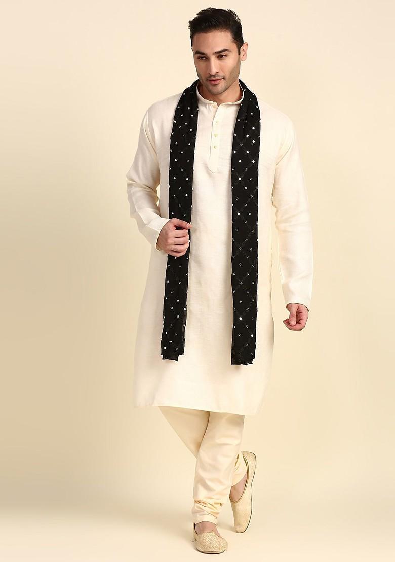 Men Black And Silver Toned Embroidered Mirror Work Dupatta