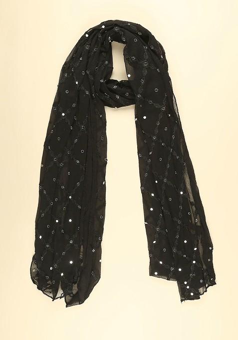Men Black And Silver Toned Embroidered Mirror Work Dupatta