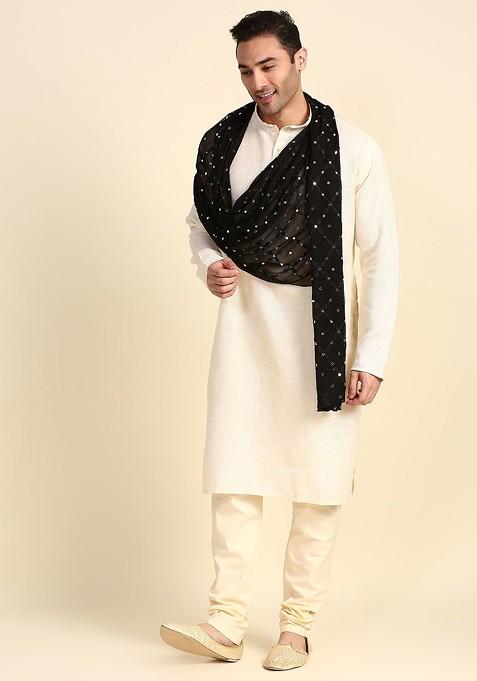 Men Black And Silver Toned Embroidered Mirror Work Dupatta
