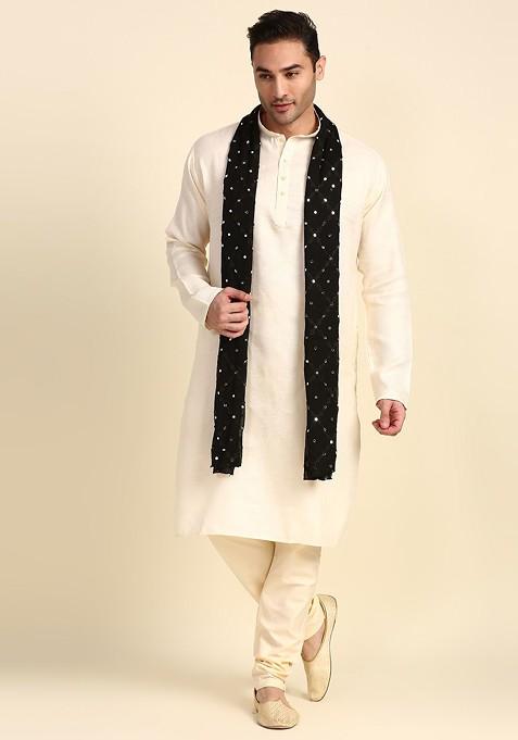 Men Black And Silver Toned Embroidered Mirror Work Dupatta