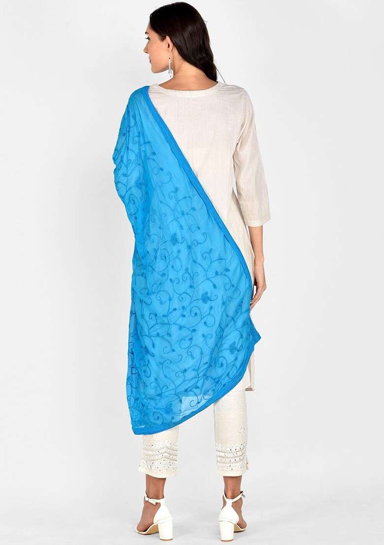 Turquoise Blue Embroidered Dupatta - Indya