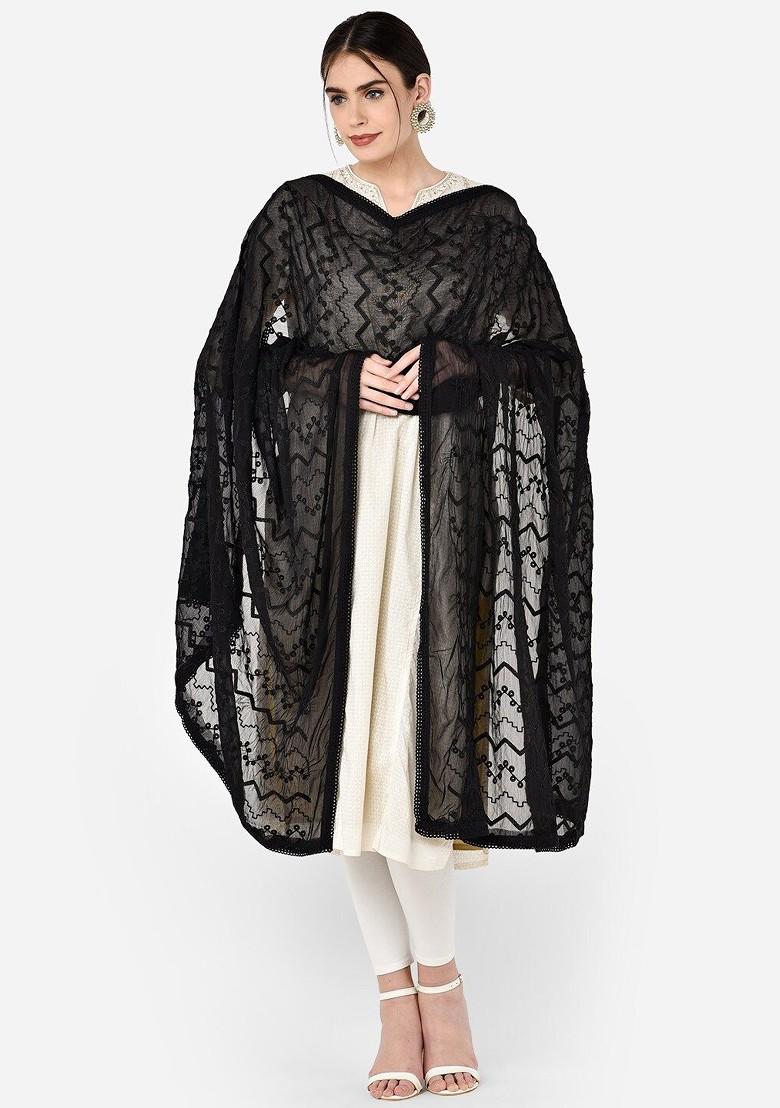 Black Embroidered Chiffon Dupatta