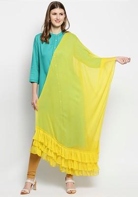 Women Yellow Solid Ruffles Chiffon Dupatta