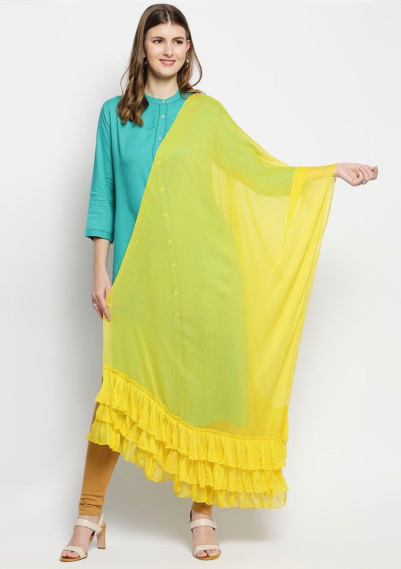 Women Yellow Solid Ruffles Chiffon Dupatta