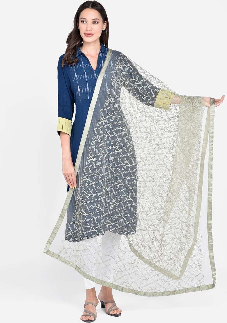 Olive Green Embroidered Dupatta - Indya