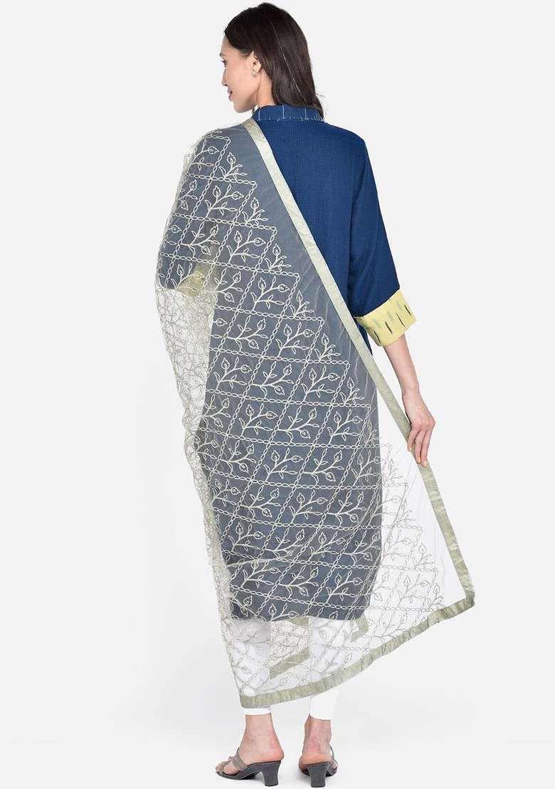 Olive Green Embroidered Dupatta - Indya