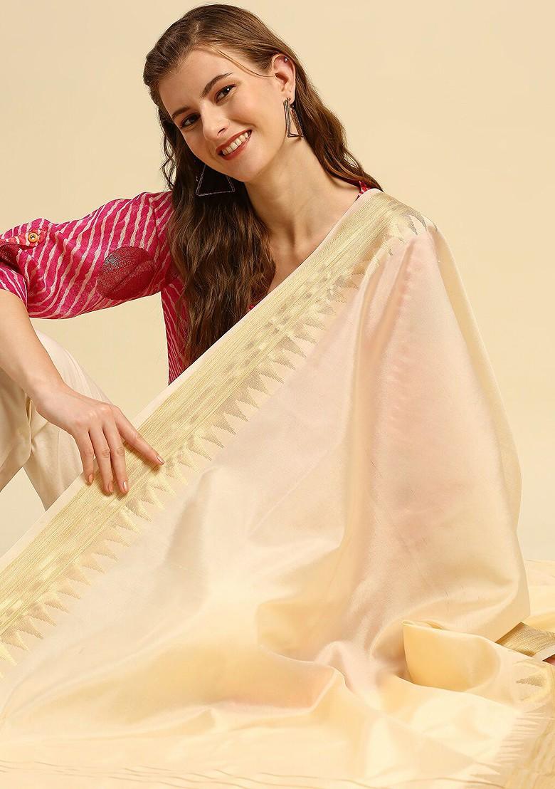 Women Cream Coloured And Gold Toned Solid Dupatta