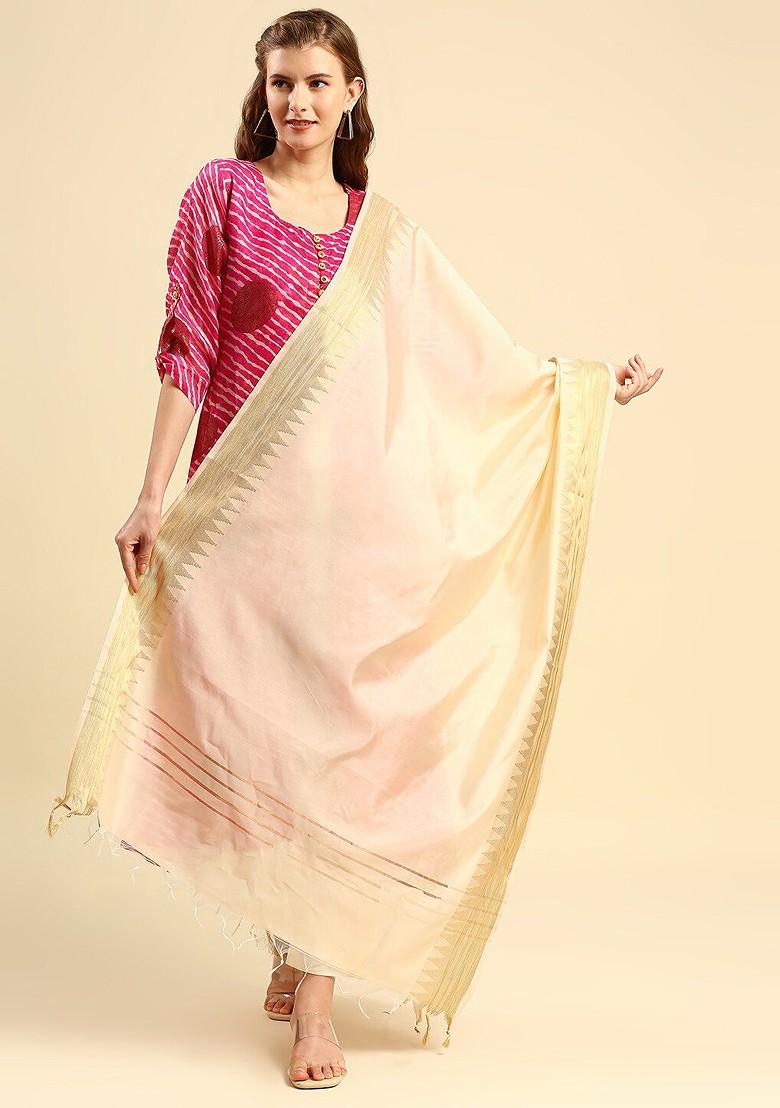 Women Cream Coloured And Gold Toned Solid Dupatta