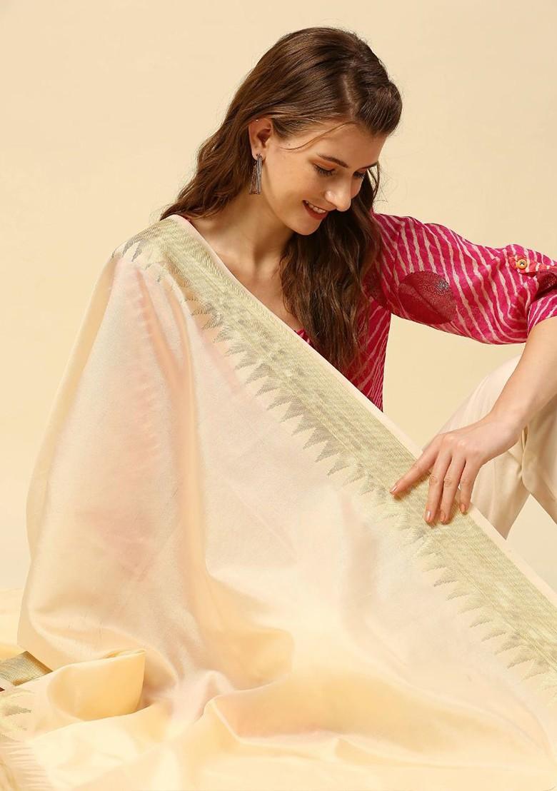 Women Cream Coloured And Gold Toned Solid Dupatta