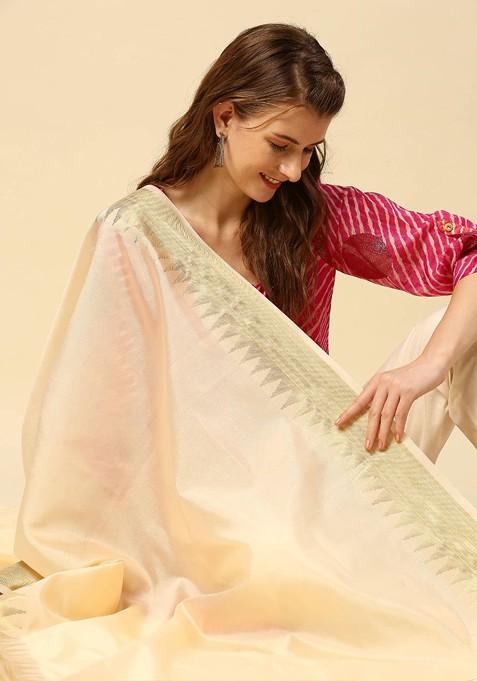 Women Cream Coloured And Gold Toned Solid Dupatta